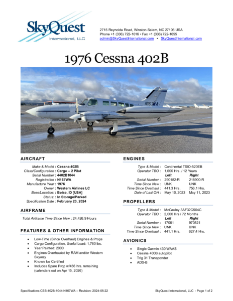 CSS-402B-1044-N167WA-Specifications