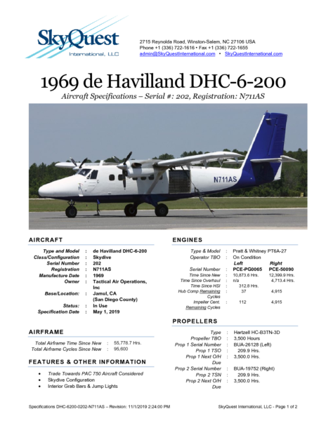 DHC-6200-0202-N711AS-Specifications