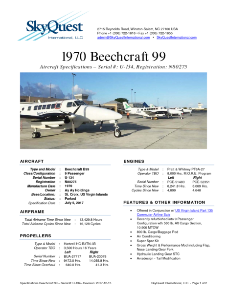 Specifications-Beechcraft-99-sn-U-134-reg-N80275