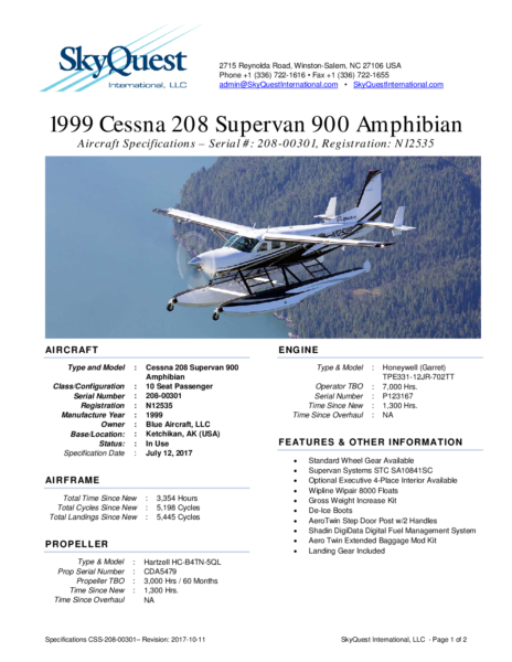Specifications-Cessna-208-Supervan-900-Amphib-sn-208-00301-reg-N12535