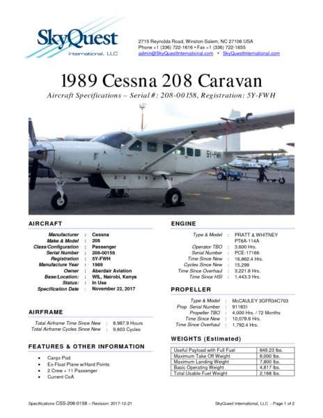 Specifications-Cessna-208-sn-208-00158-reg-5Y-FWH-