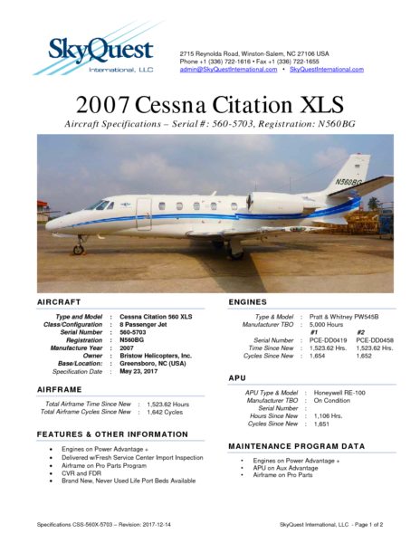 Specifications-Cessna-Citation-560-XLS-sn-560-5703-reg-N560BG